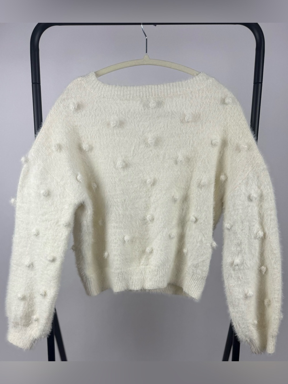 Jun & Ivy Ivory Pom Pom Fuzzy Sweater Womens Small Balloon Sleeve Cozy Knit - Picture 3 of 5